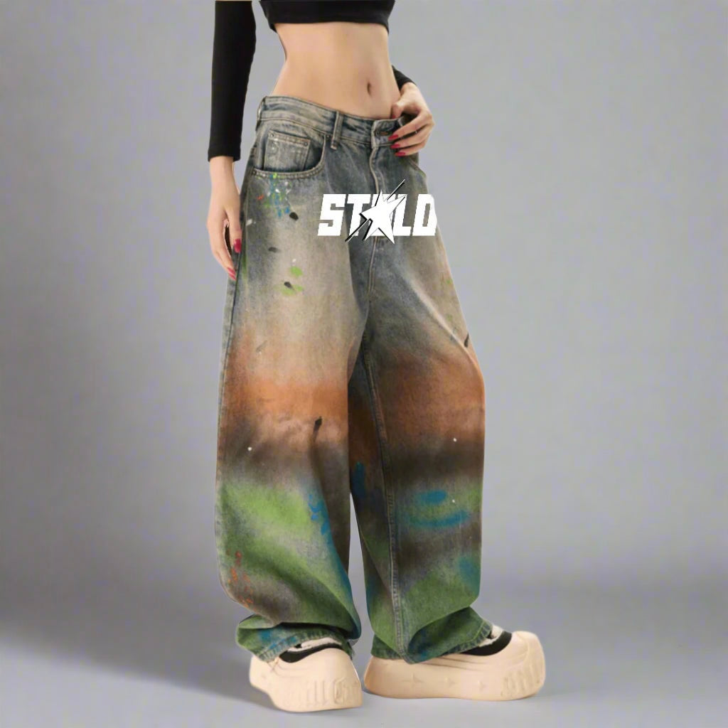 Stolo Clothing Co STARCHILD Unisex Vintage Distressed Paint-Splatter Baggy Denim Jeans
