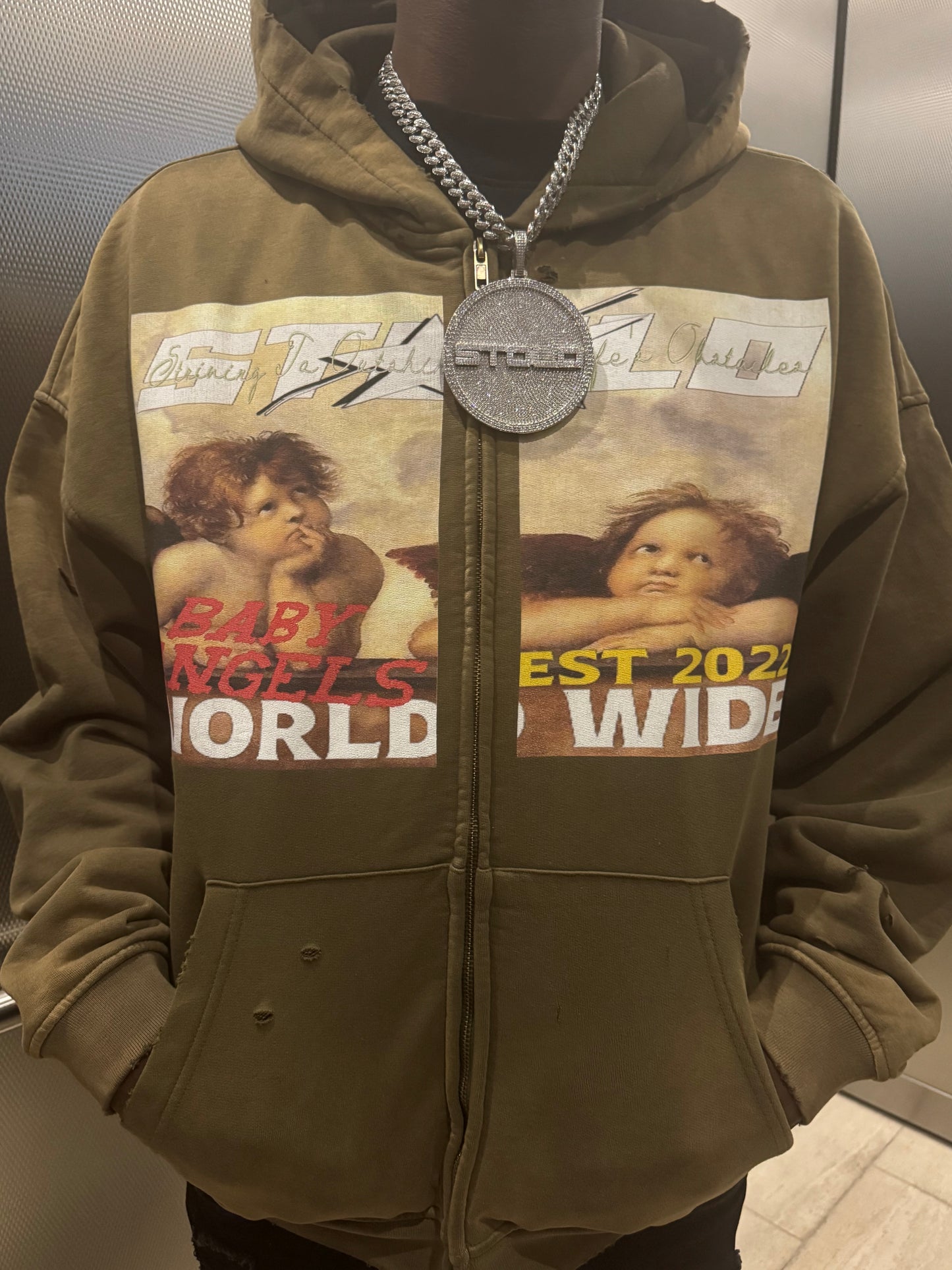 Limited Edition Stolo Clothing Co BABY ANGELS Hand-Frayed Sun Faded Double Zip Up Hoodie