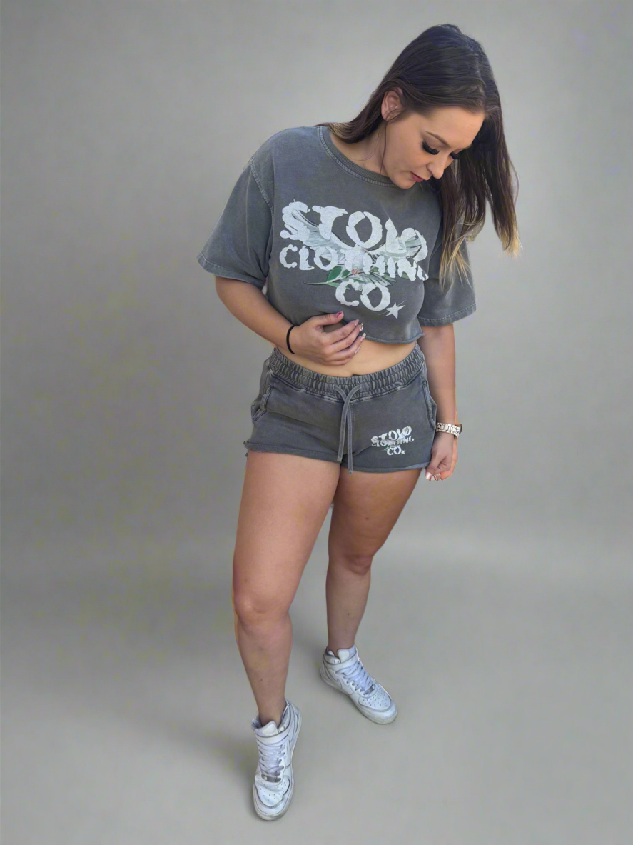 Stolo Clothing Co Birdies Snow Washed Raw Edge Drawstring Shorts