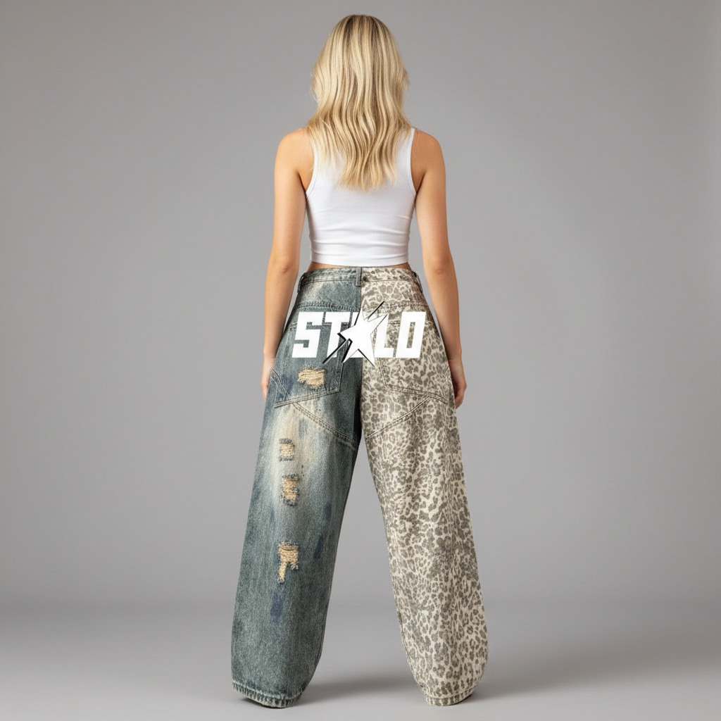 Stolo Clothing Co Half Leopard Print x STARCHILD Back Print Distressed Baggy Denim Jeans