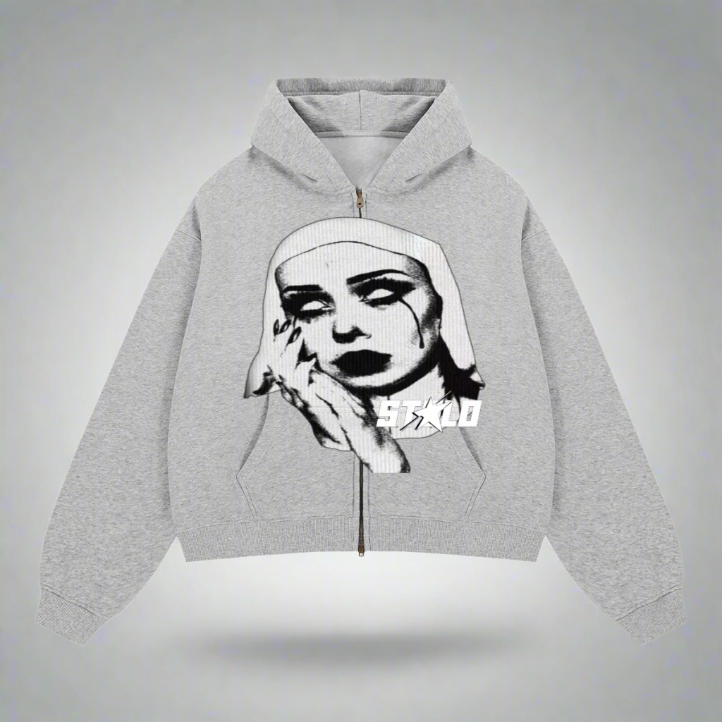 Stolo Clothing Co EVIL NUN Boxy Cropped Fleece Zip-up Hoodie