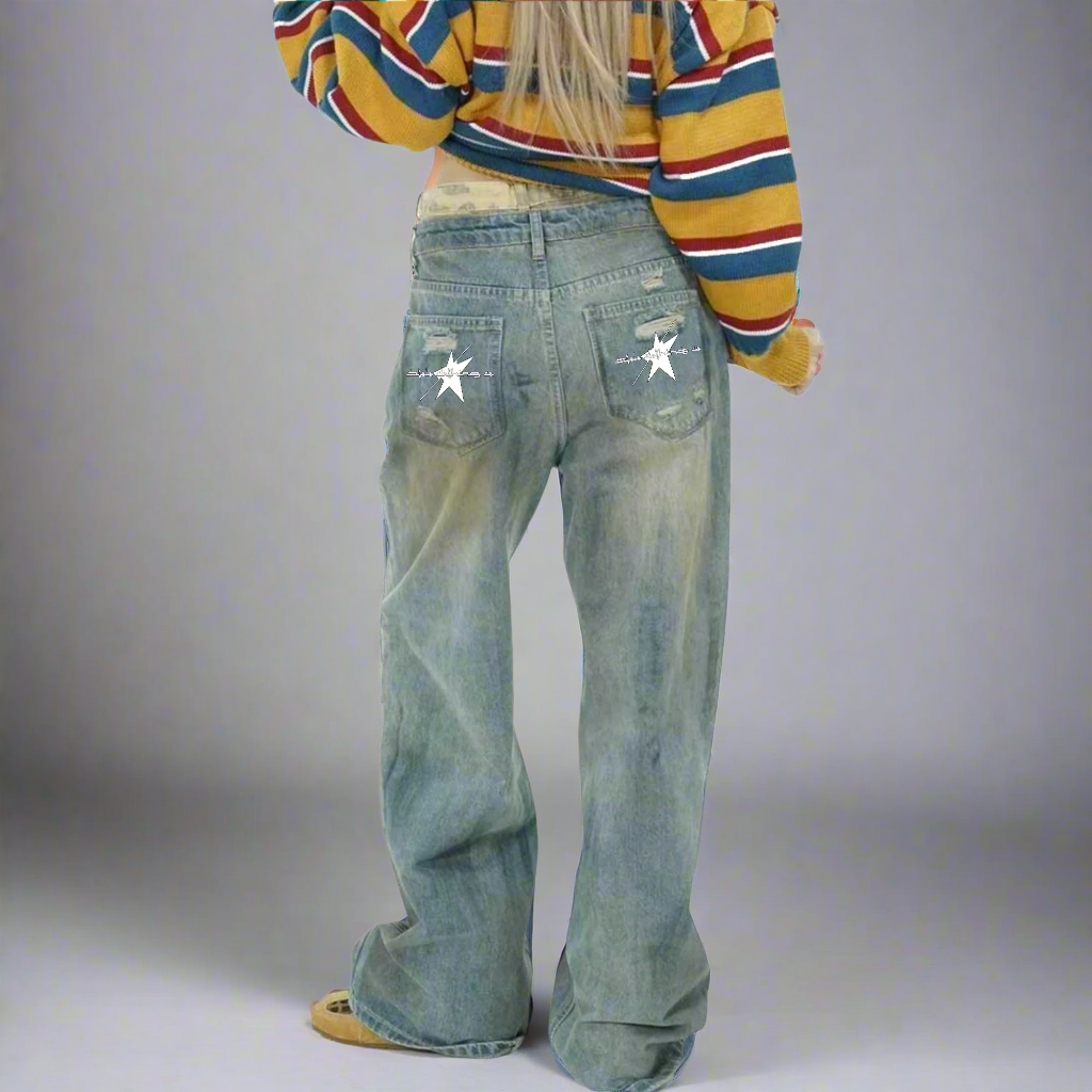Stolo Clothing Co Women's Frayed Double Waist Band Baggy Denim Jeans