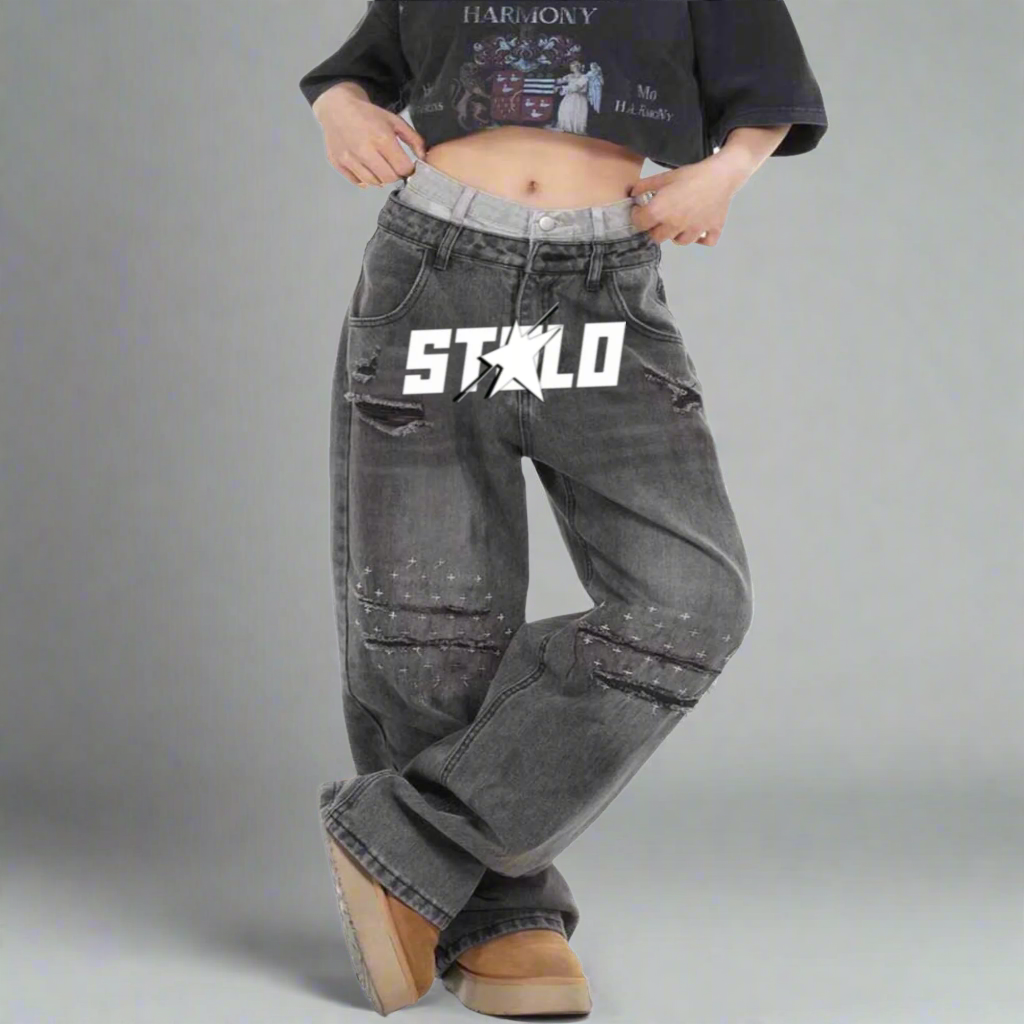 Stolo Clothing Co Women's Frayed Double Waist Band Baggy Denim Jeans