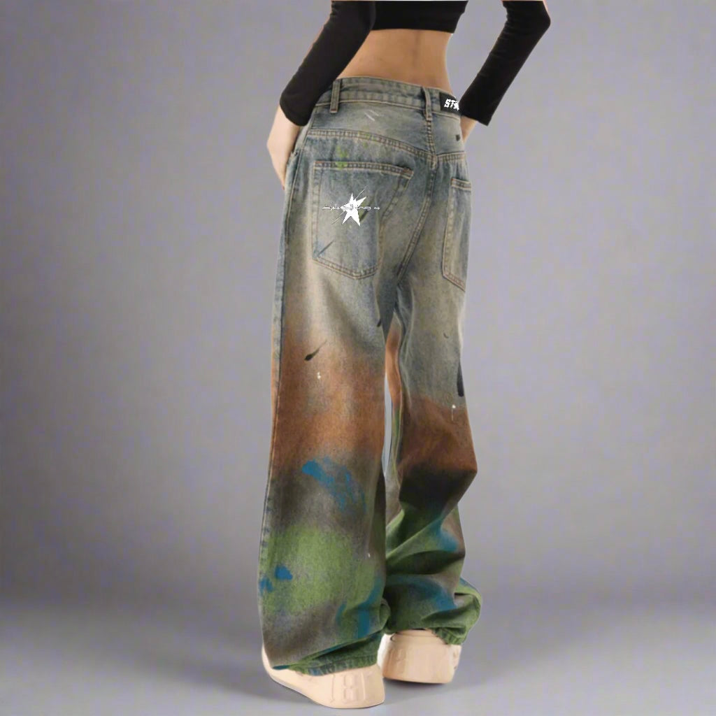 Stolo Clothing Co STARCHILD Unisex Vintage Distressed Paint-Splatter Baggy Denim Jeans