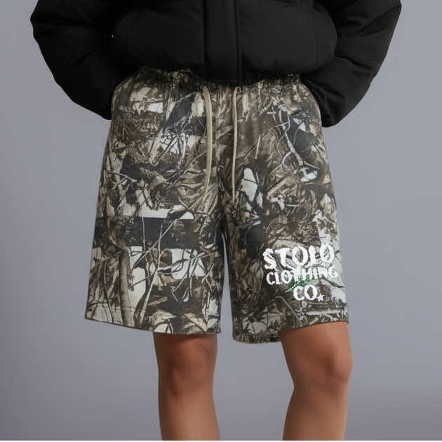 Stolo Clothing Co Birdies Cotton French Terry Tree Print Camo Shorts