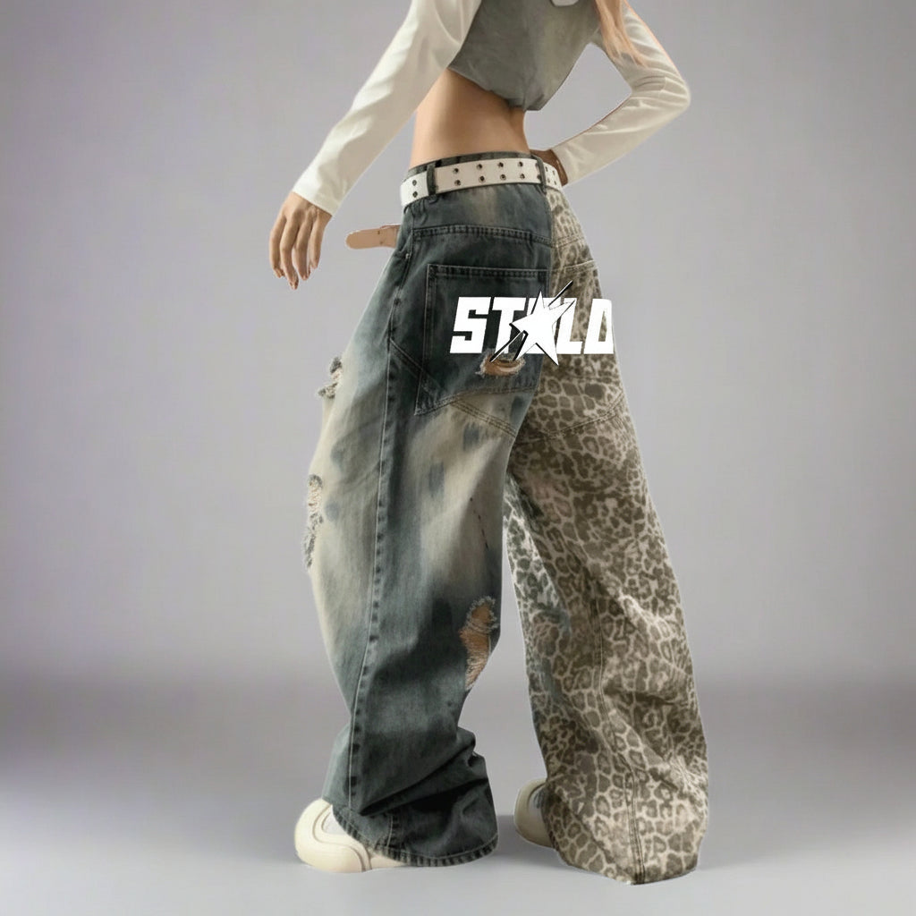 Stolo Clothing Co STARCHILD Back Print Washed Distressed Leopard Print Ripped Baggy Denim Jeans