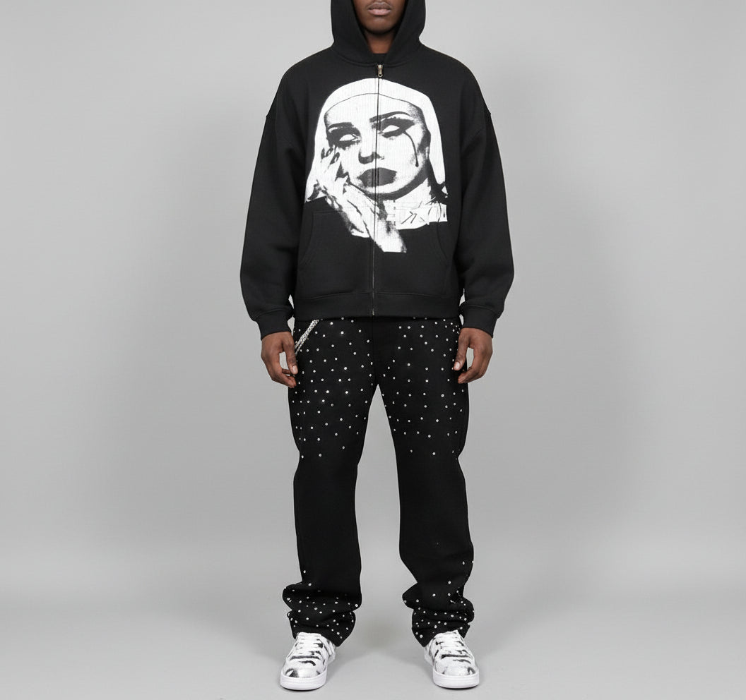 Stolo Clothing Co EVIL NUN Boxy Cropped Fleece Double Zip-Up Hoodie