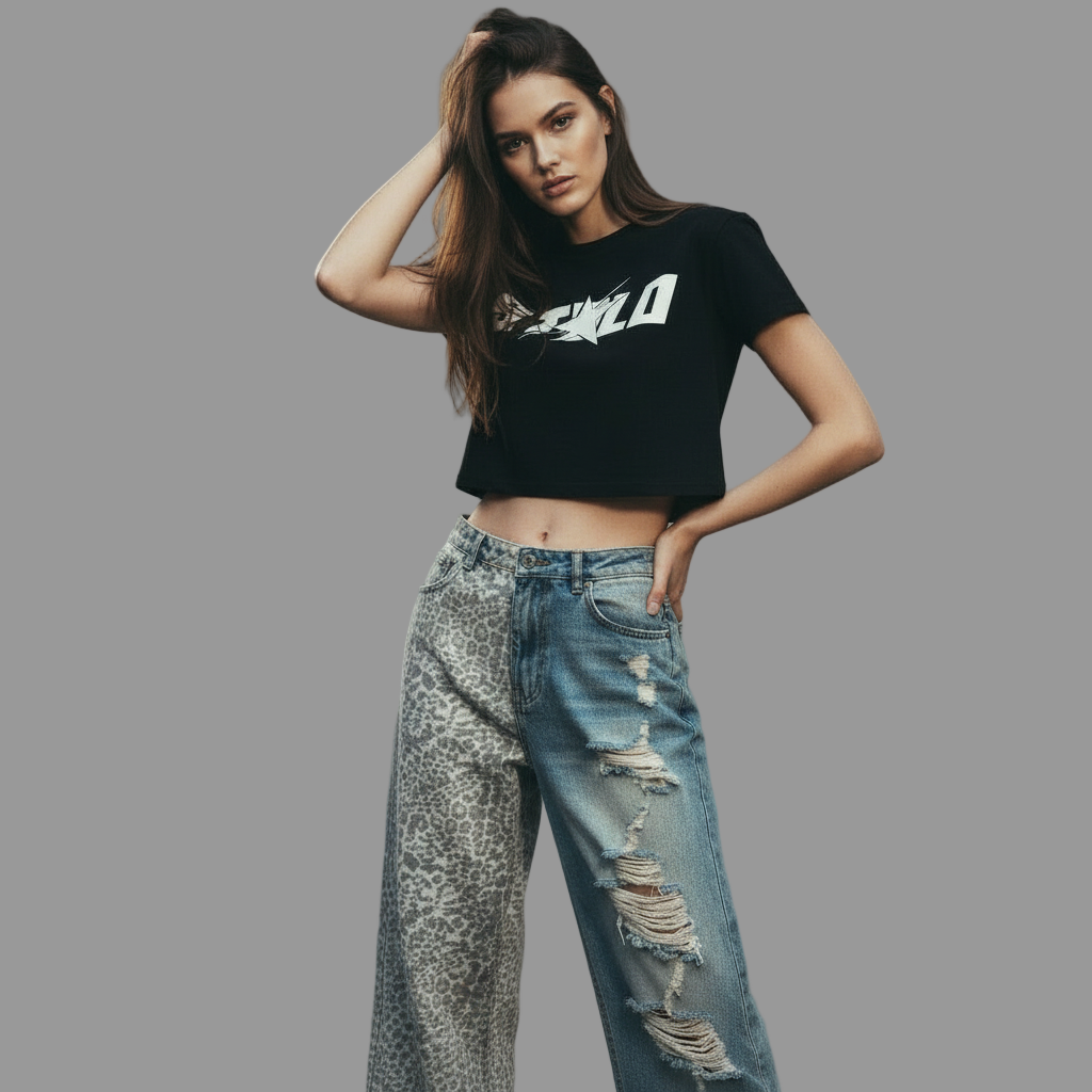 Stolo Clothing Co Half Leopard Print x STARCHILD Back Print Distressed Baggy Denim Jeans