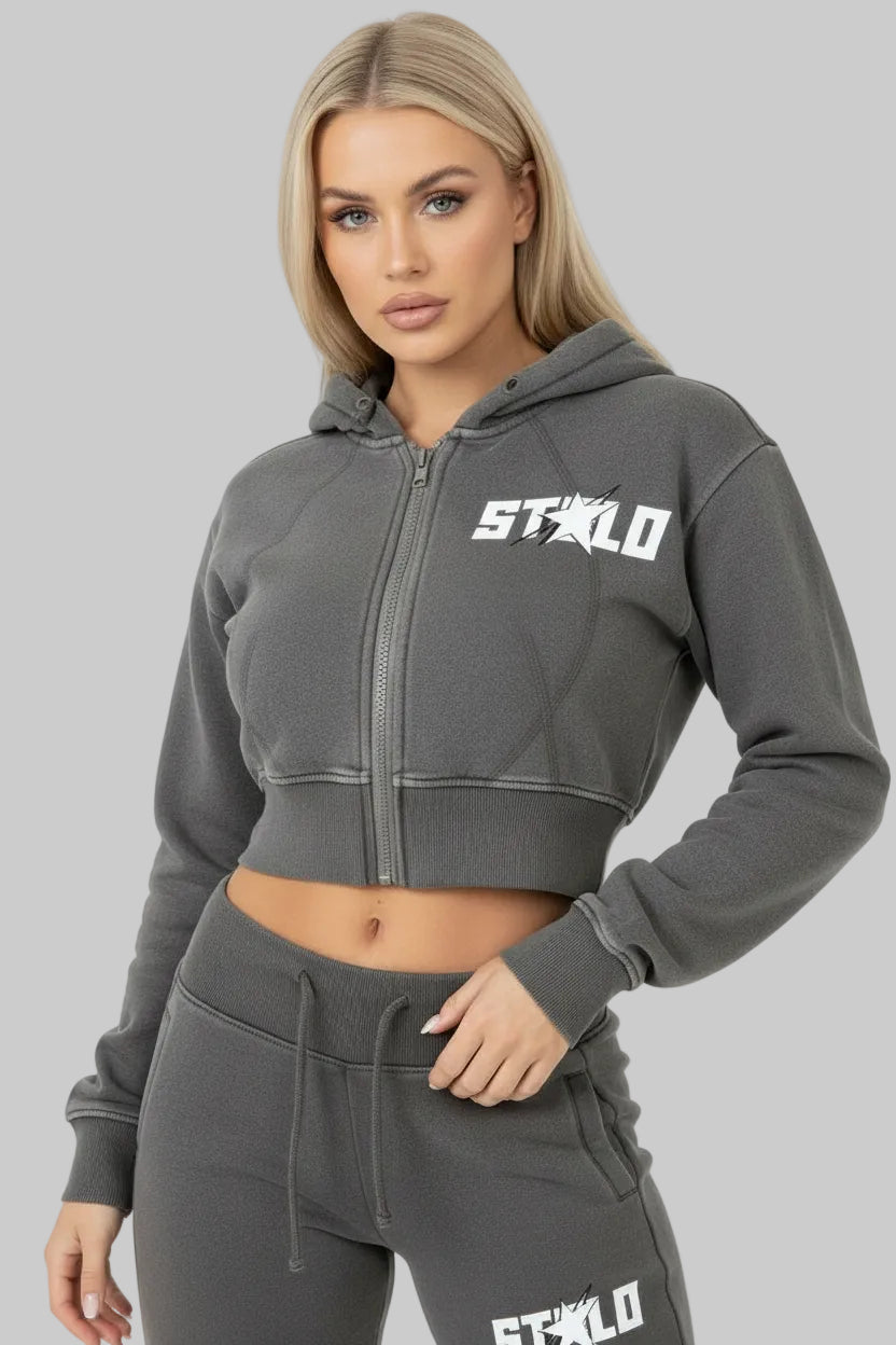 Stolo Clothing Co STARCHILD Vintage Washed Fleece Cropped Double Zip Up Detachable Hoodie