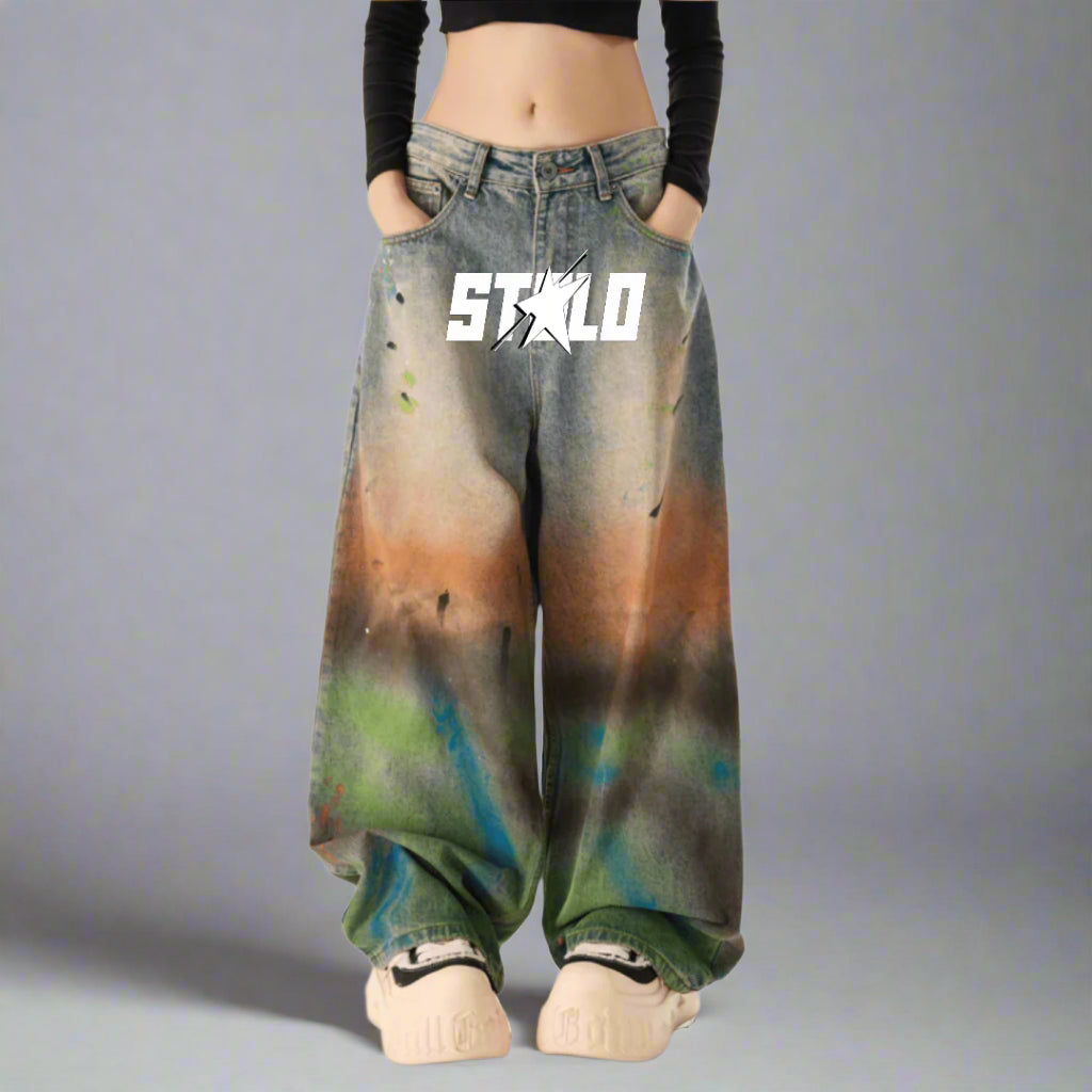 Stolo Clothing Co STARCHILD Unisex Vintage Distressed Paint-Splatter Baggy Denim Jeans