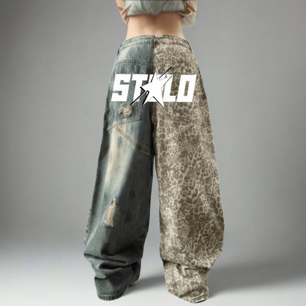 Stolo Clothing Co STARCHILD Back Print Washed Distressed Leopard Print Ripped Baggy Denim Jeans