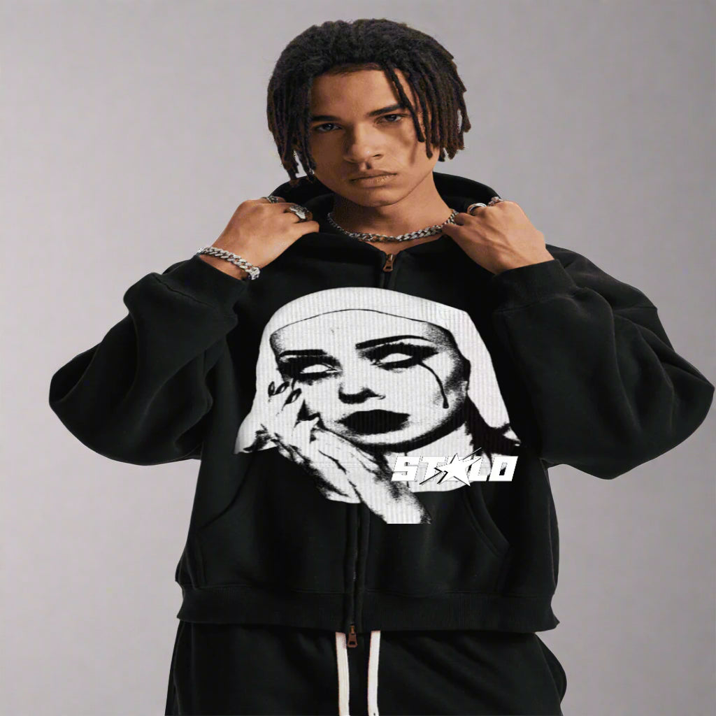 Stolo Clothing Co EVIL NUN Boxy Cropped Fleece Zip-up Hoodie