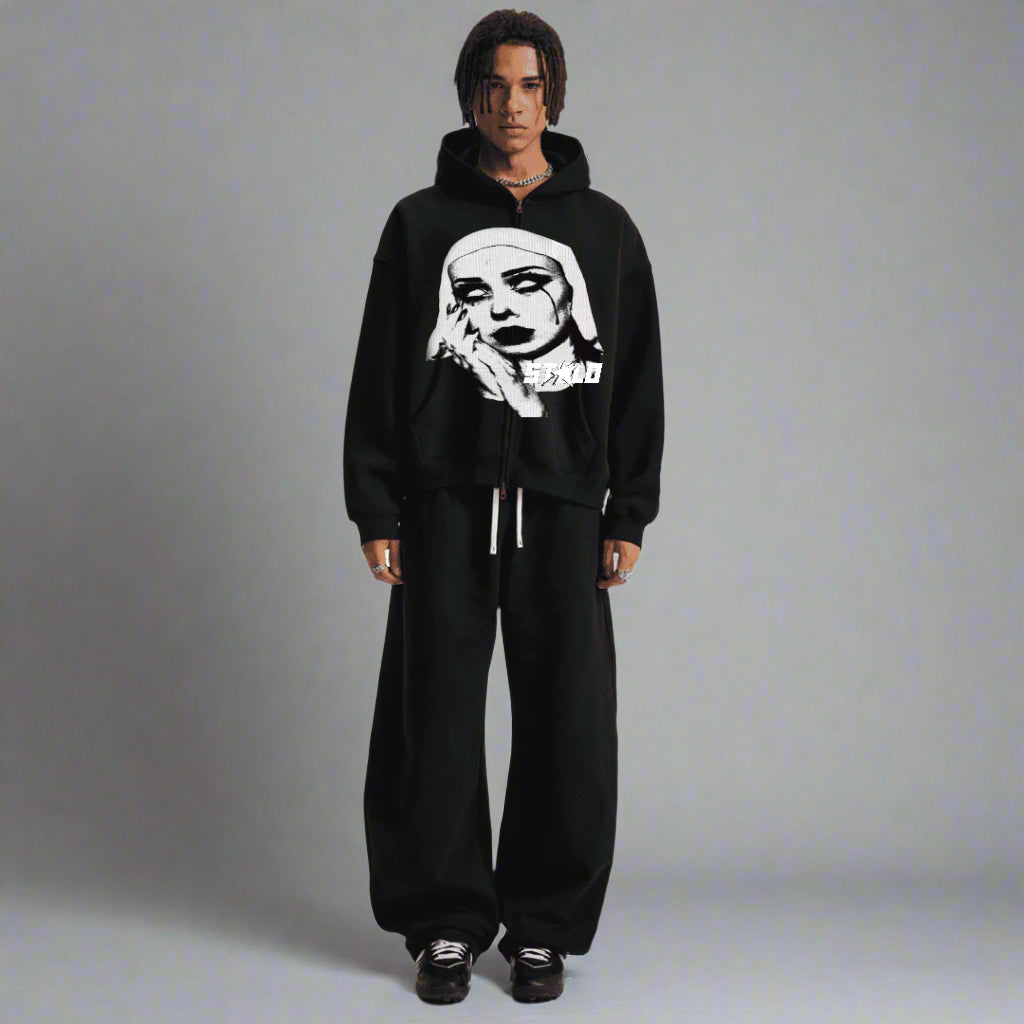 Stolo Clothing Co EVIL NUN Boxy Cropped Fleece Zip-up Hoodie
