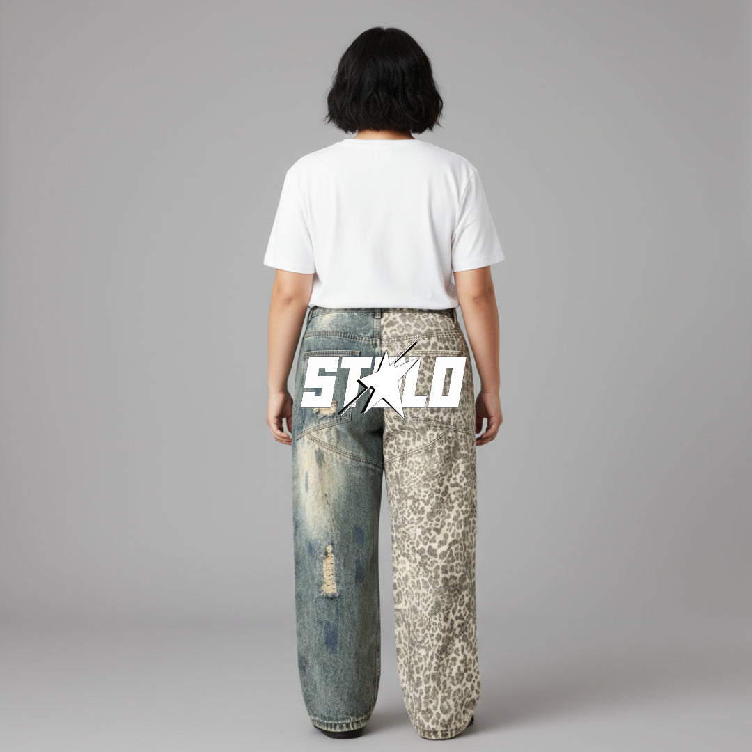 Stolo Clothing Co STARCHILD Back Print Washed Distressed Leopard Print Ripped Baggy Denim Jeans