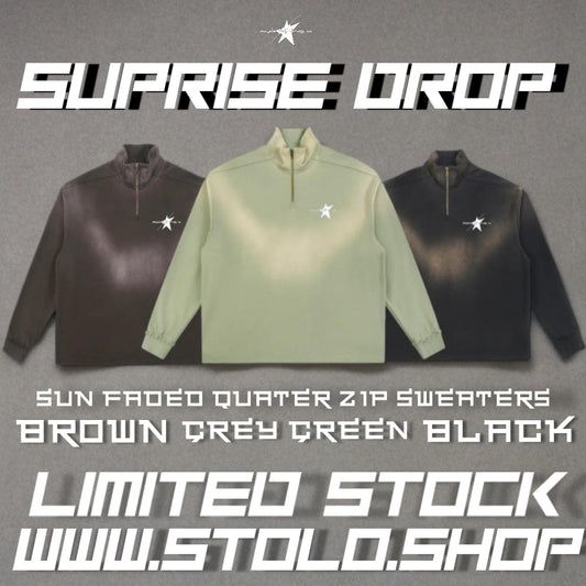 STOLO's Sun Faded Raw Edge Quarter Zip Up Sweaters