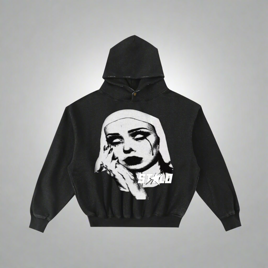 Stolo Clothing Co EVIL NUN Hand-Frayed Enzyme Washed Fleece Hoodie