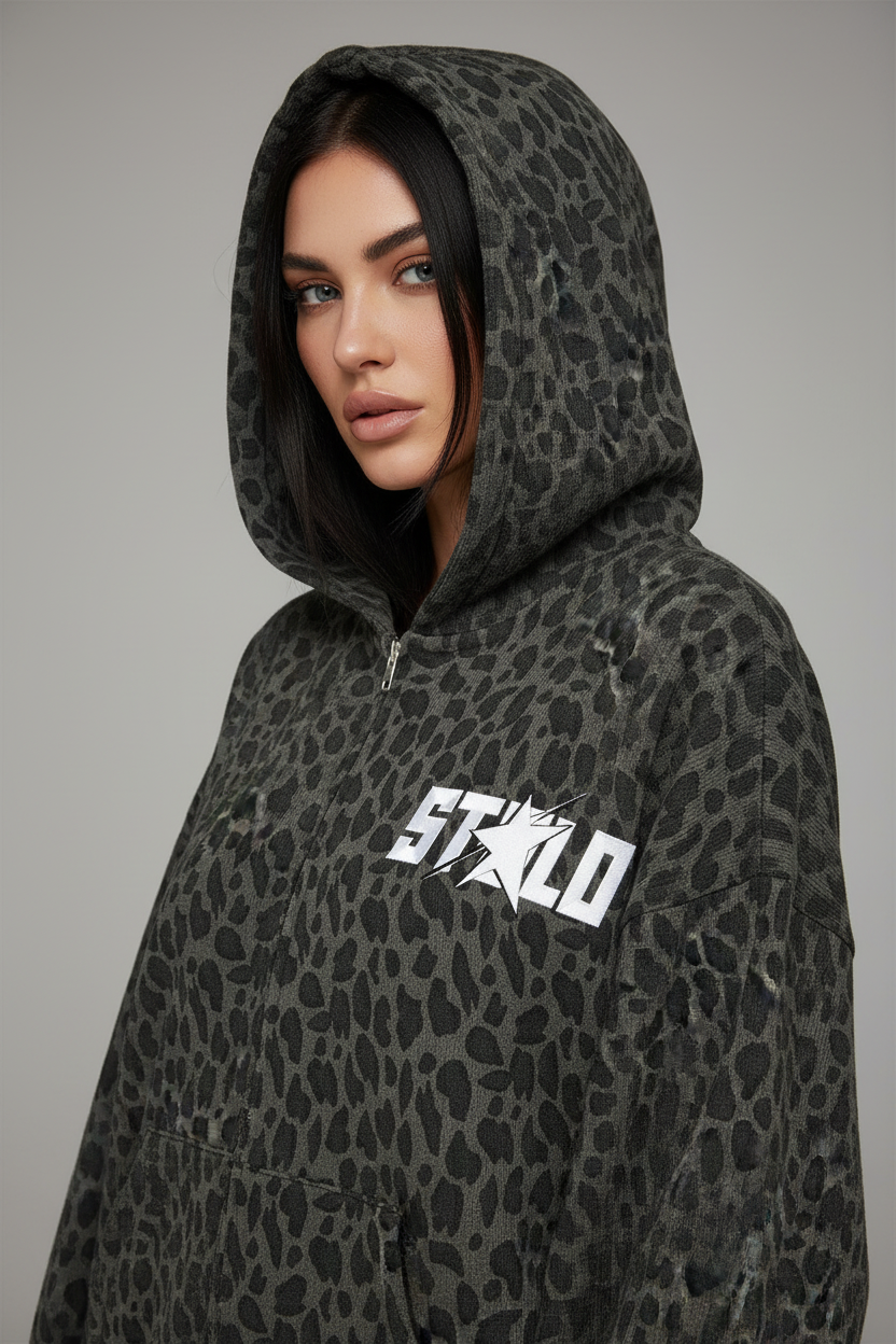 Stolo Clothing Co STARCHILD Leopard Print Waffle Texture Double Zip Up Hoodie