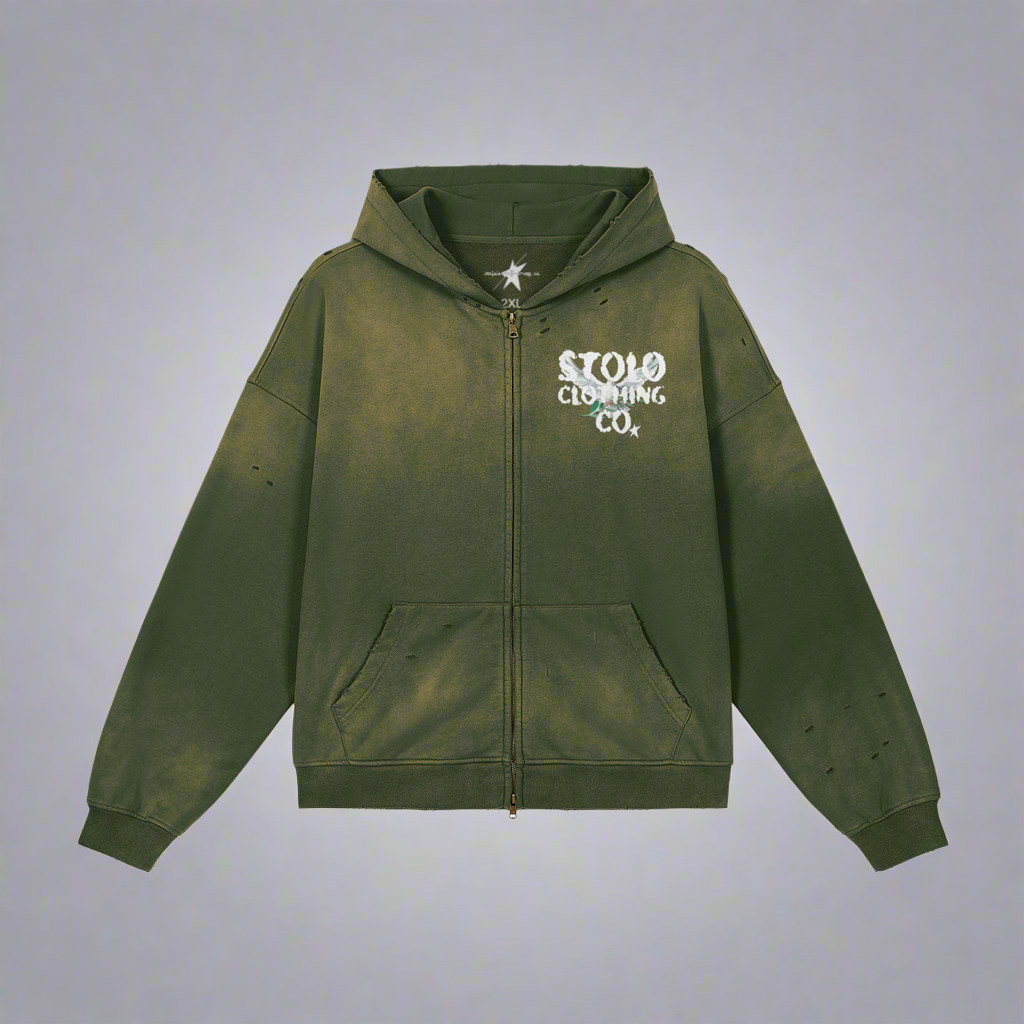 Limited Edition Stolo Clothing Co Birdies Mineral Green Sun Faded Hand Frayed Hoodie