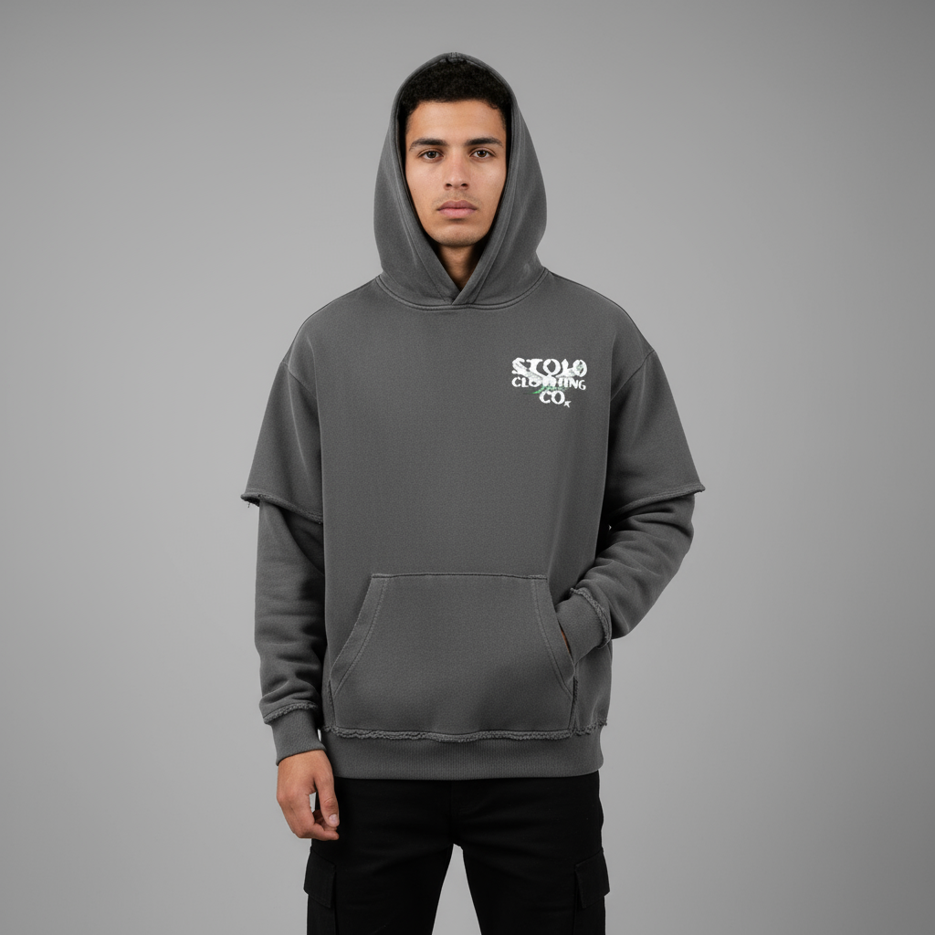 Stolo Clothing Co Birdies Hand Frayed Snow Washed Raw Edge Double Layered Hoodie