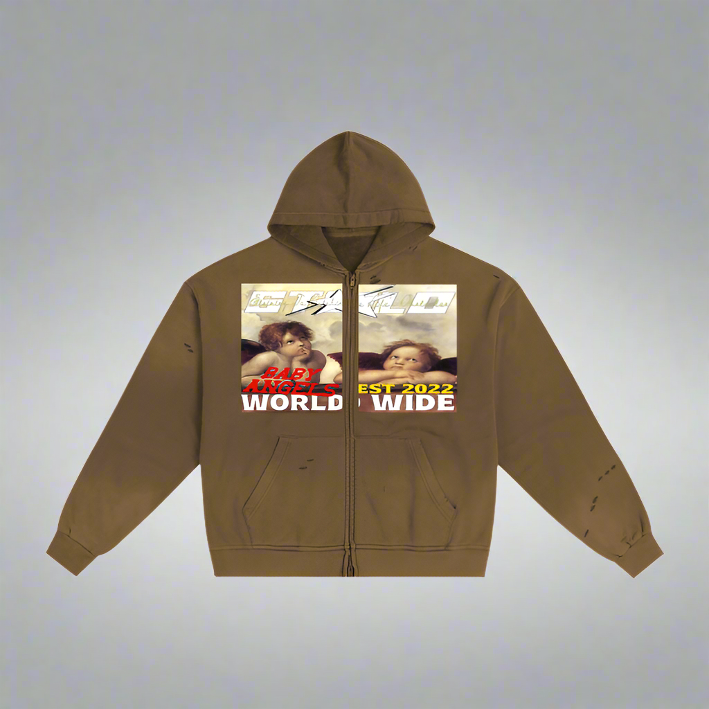 Limited Edition Stolo Clothing Co BABY ANGELS Hand-Frayed Sun Faded Double Zip Up Hoodie