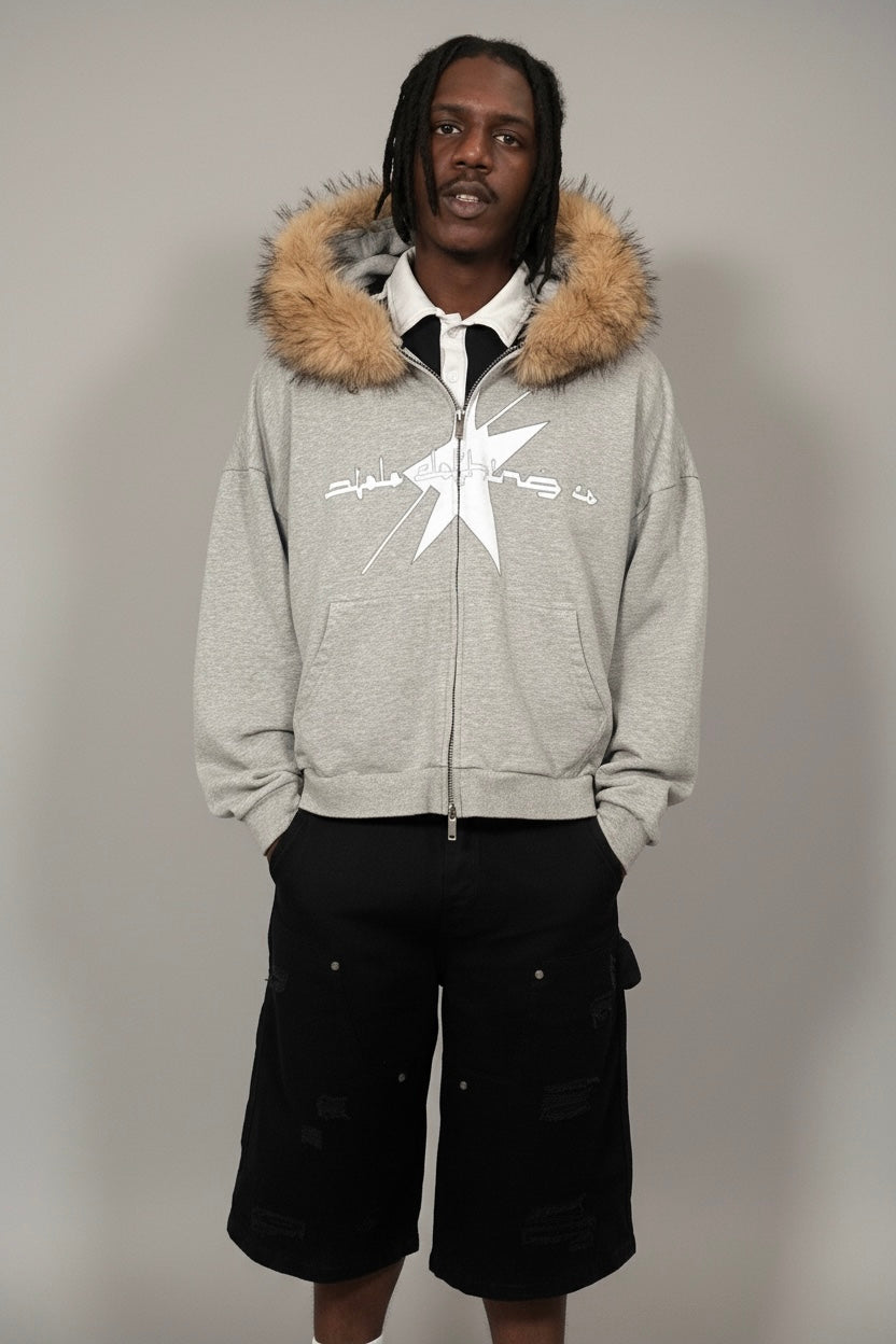 Stolo Clothing Co LOGO Grey Detectable Fur Double Zip-Up Hoodie（400GSM)