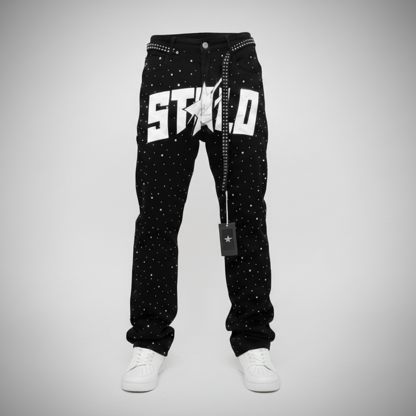 Stolo Clothing Co STARCHILD Unisex Full Rhinestone Loose Fit Straight Leg Denim Jeans w/ Diamond Belt