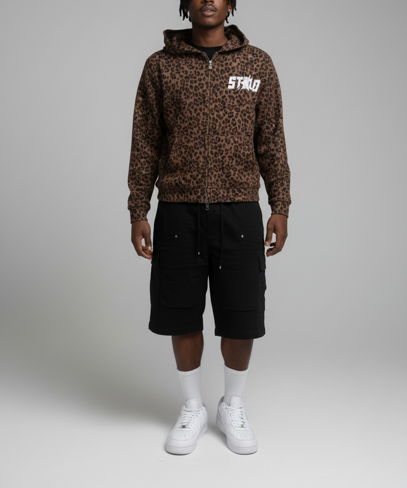 Stolo Clothing Co STARCHILD Leopard Print Waffle Texture Lightweight Double Zip Up Hoodie