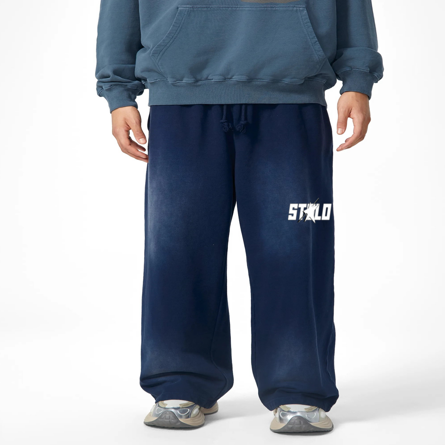 Stolo Clothing Co Starchild Pure Cotton Handcrafted Monkey Wash Baggy Sweatpants [ BLACK & BLUE ]