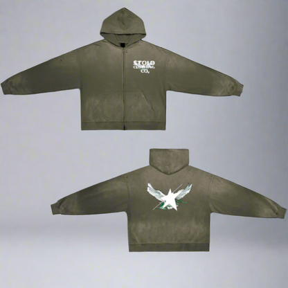 Limited Edition Stolo Clothing Co Birdies Post-Apocalyptic Pure Cotton Hand-Frayed Monkey Washed Double Zip Up Hoodie