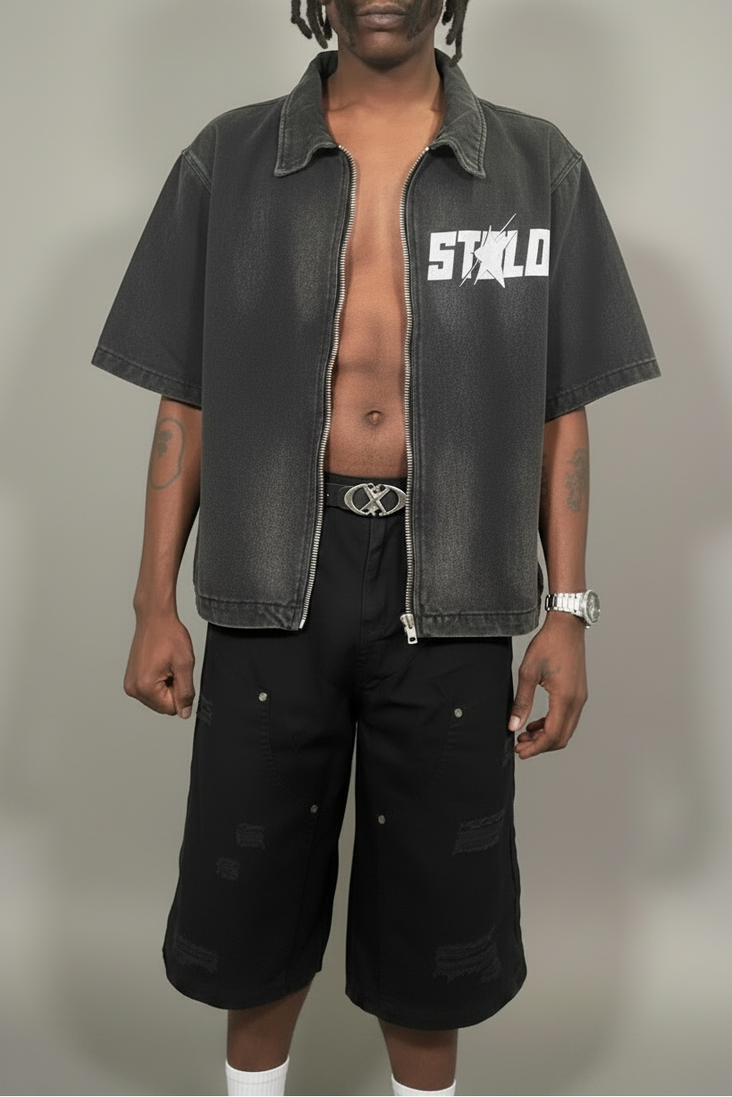 Stolo Clothing Co STARCHILD REBORN  Sun Faded Full-Zip Denim Tee Shirt (280 GSM)