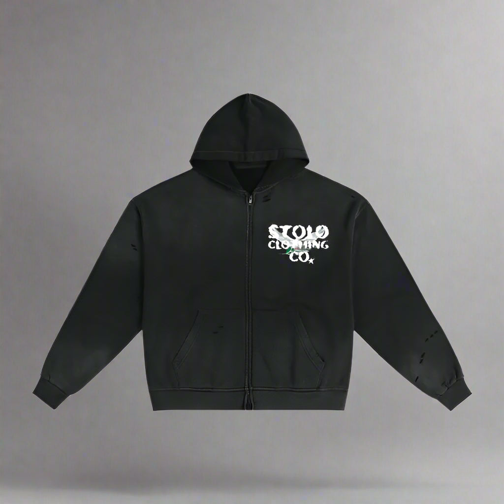 Limited Edition Stolo Clothing Co Birdies Hand-Frayed Pure Cotton Double Zip Up Hoodie