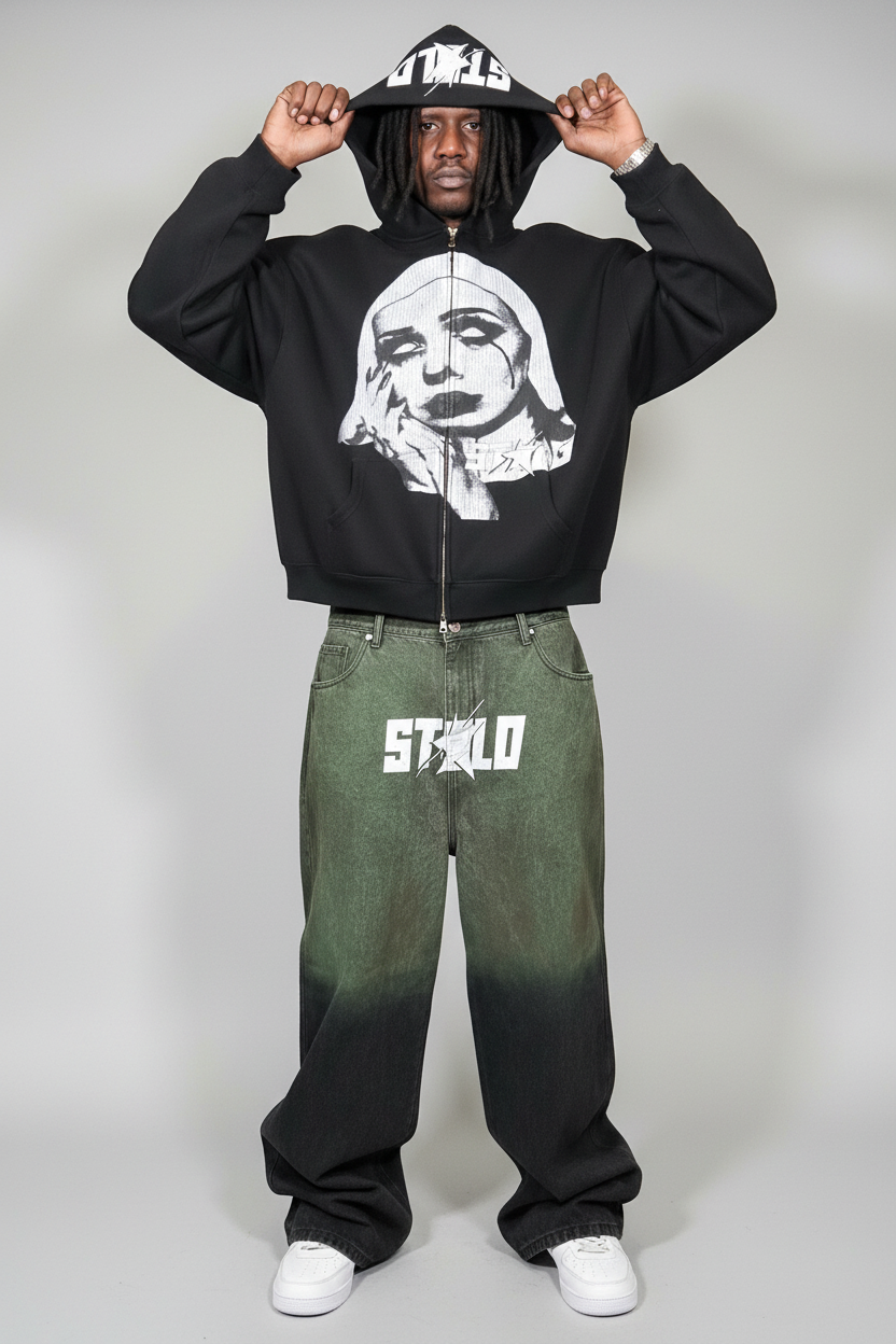 Stolo Clothing Co EVIL NUN Boxy Cropped Fleece Double Zip-Up Hoodie (380GSM)