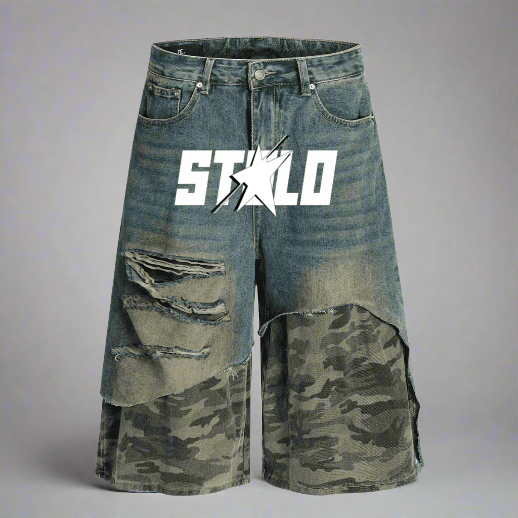 Stolo Clothing Co STARCHILD Half Camouflage Half Frayed Denim Shorts (JORTS)