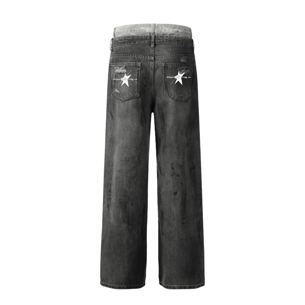 Stolo Clothing Co STARCHILD Double Waistband Faded Distressed Baggy Denim Jeans [BLACK & BLUE]