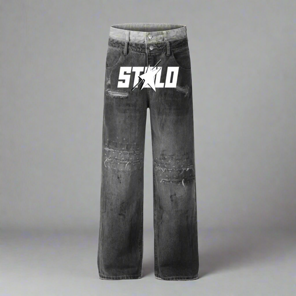 Stolo Clothing Co STARCHILD Double Waistband Faded Distressed Baggy Denim Jeans [BLACK & BLUE]