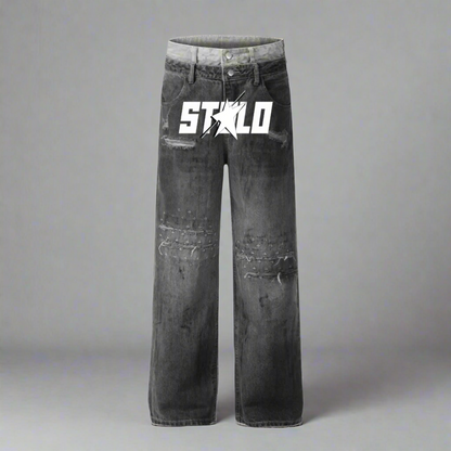 Stolo Clothing Co Women's Frayed Double Waist Band Baggy Denim Jeans