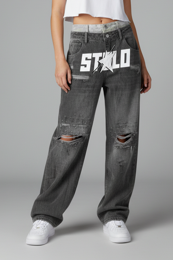 Stolo Clothing Co STARCHILD Double Waistband Faded Distressed Baggy Denim Jeans