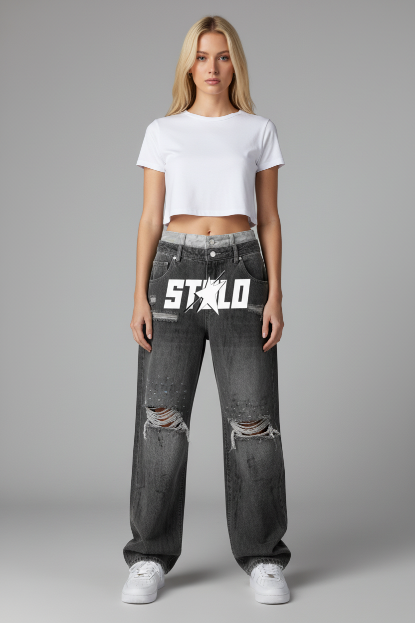 Stolo Clothing Co STARCHILD Double Waistband Faded Distressed Baggy Denim Jeans