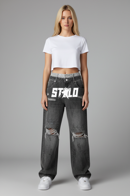 Stolo Clothing Co STARCHILD Double Waistband Faded Distressed Baggy Denim Jeans