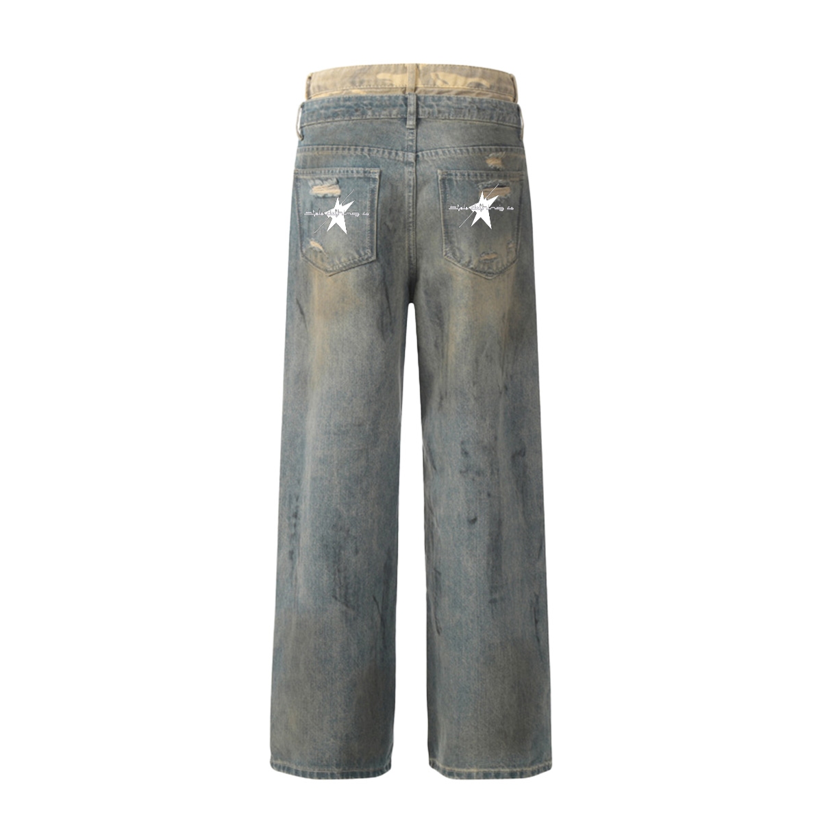 Stolo Clothing Co STARCHILD Double Waistband Faded Distressed Baggy Denim Jeans [BLACK & BLUE]
