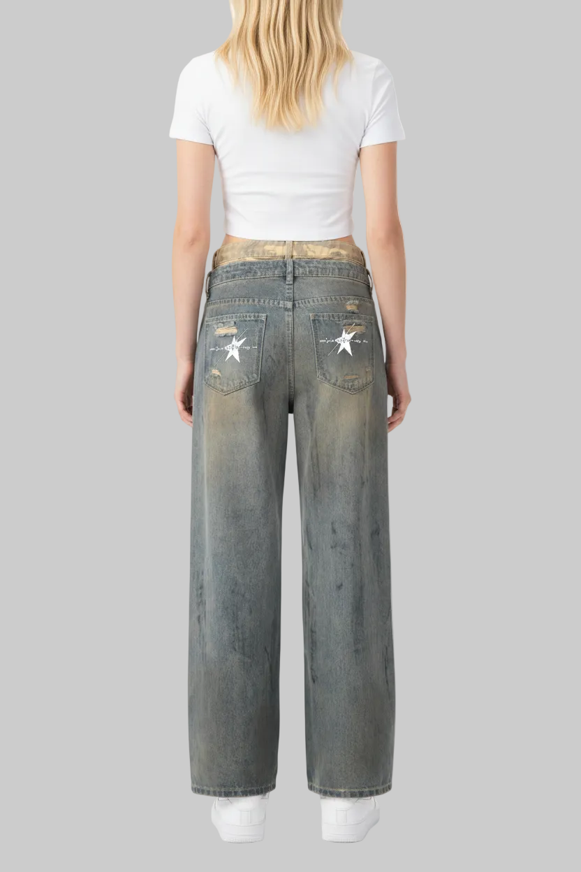 Stolo Clothing Co STARCHILD Double Waistband Faded Distressed Baggy Denim Jeans