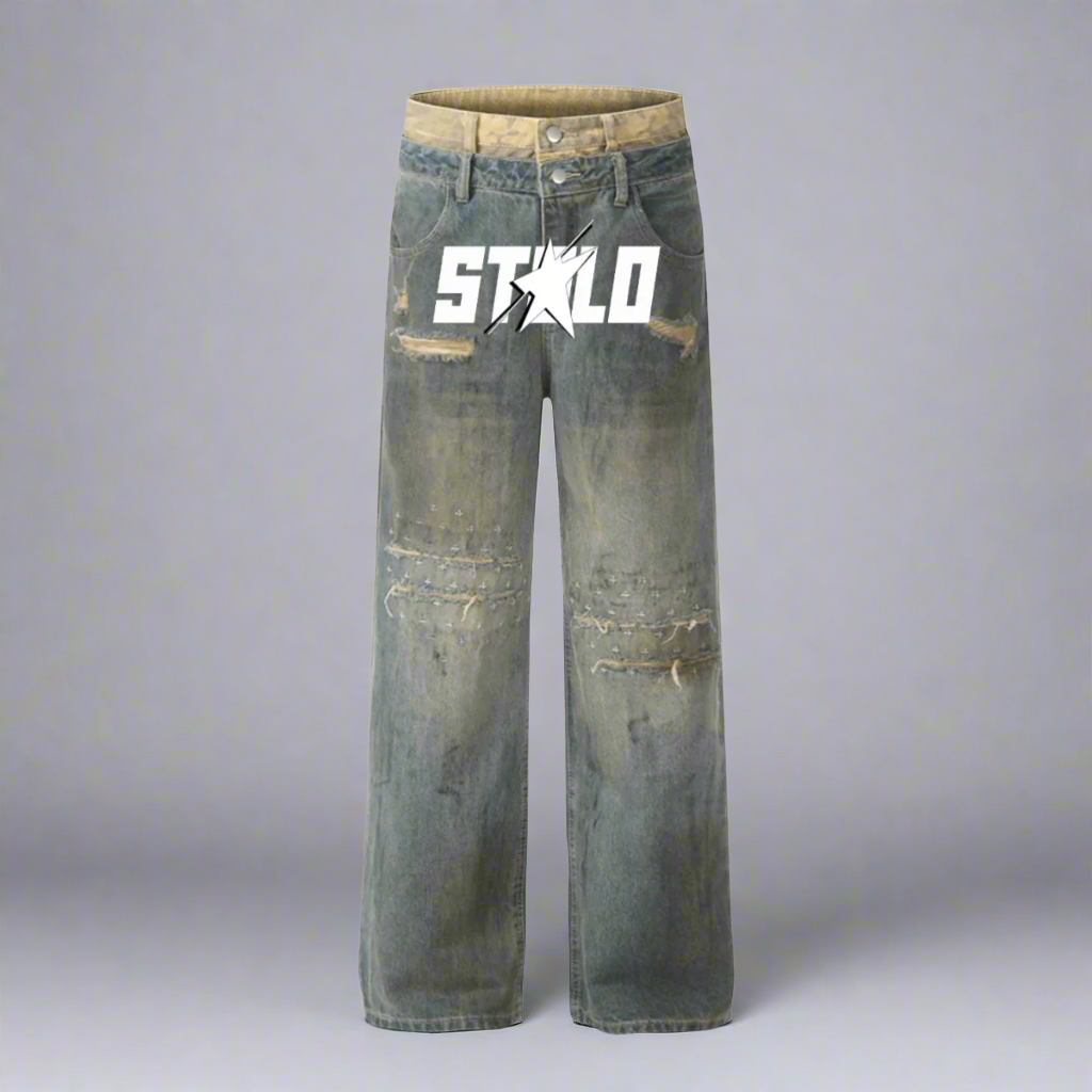 Stolo Clothing Co STARCHILD Double Waistband Faded Distressed Baggy Denim Jeans [BLACK & BLUE]