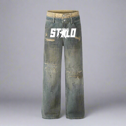 Stolo Clothing Co Women's Frayed Double Waist Band Baggy Denim Jeans