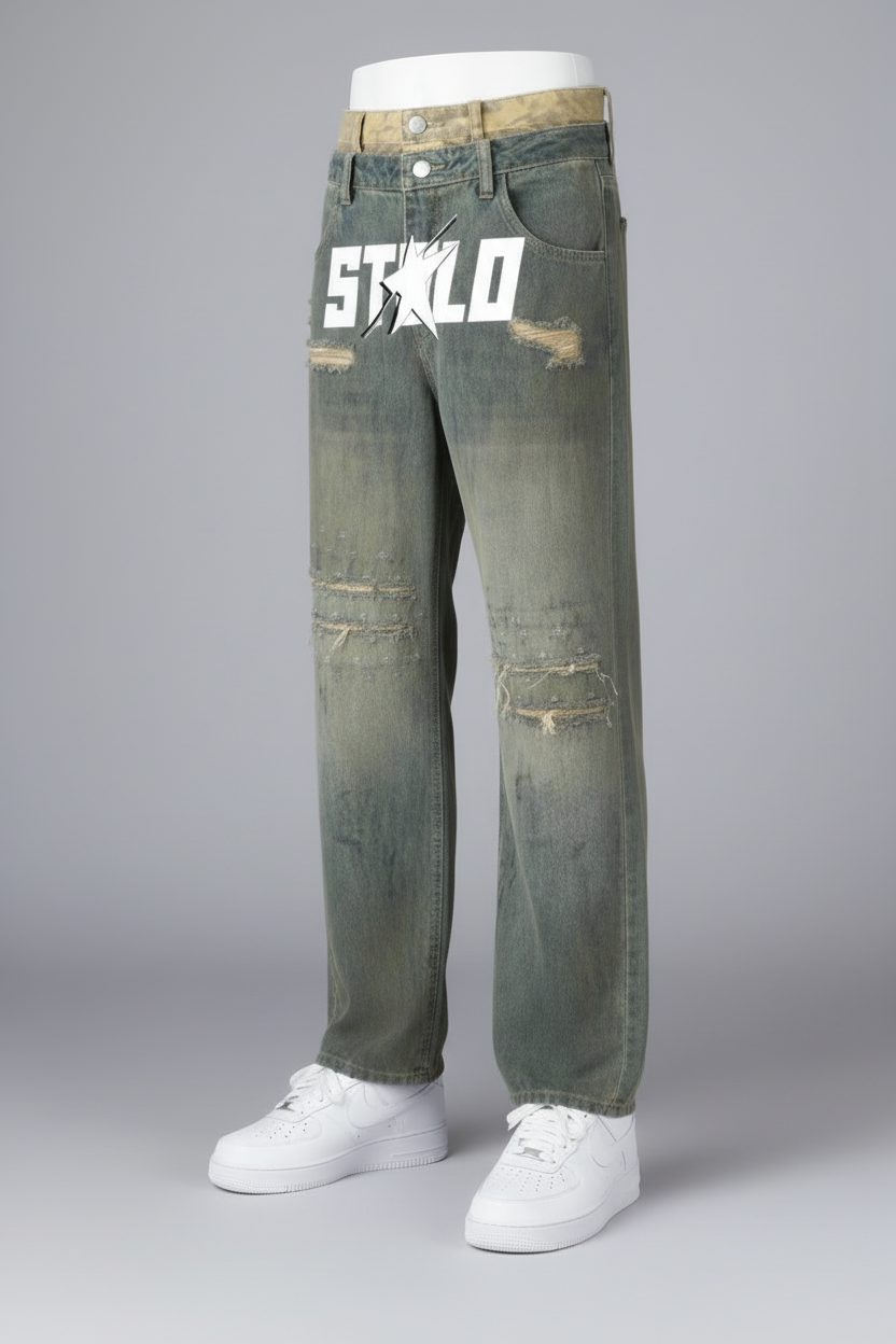 Stolo Clothing Co STARCHILD Double Waistband Faded Distressed Baggy Denim Jeans [BLACK & BLUE]