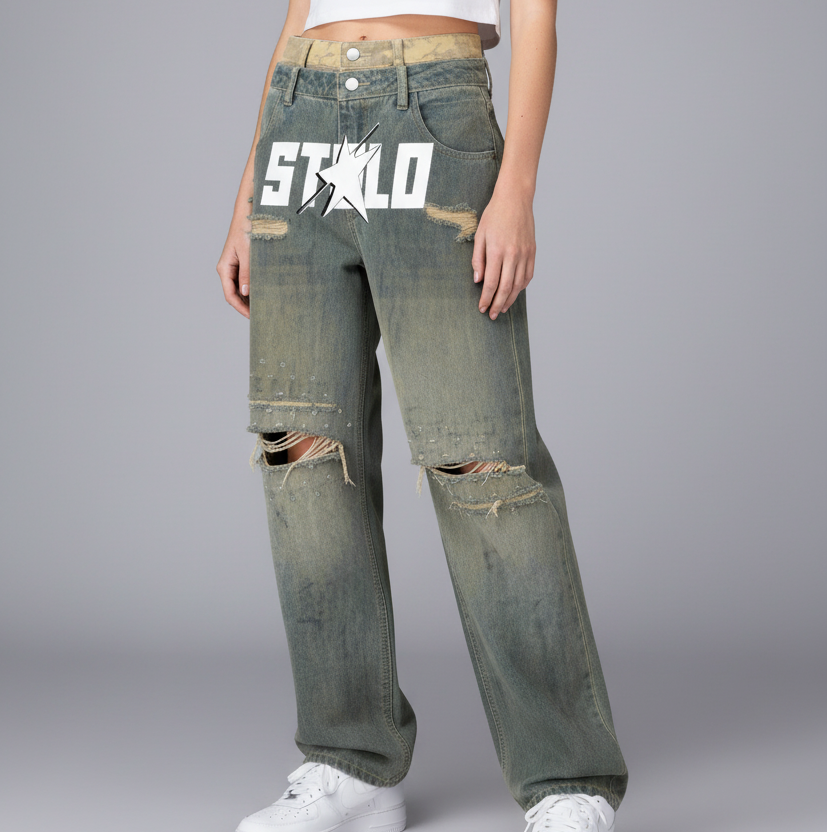 Stolo Clothing Co STARCHILD Double Waistband Faded Distressed Baggy Denim Jeans [BLACK & BLUE]