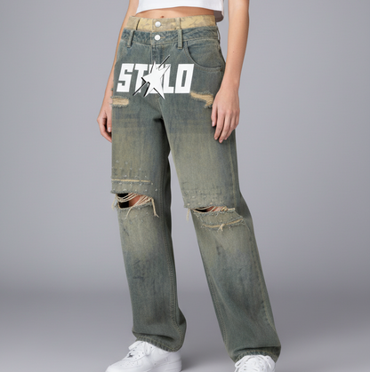 Stolo Clothing Co STARCHILD Double Waistband Faded Distressed Baggy Denim Jeans