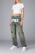 Stolo Clothing Co STARCHILD Double Waistband Faded Distressed Baggy Denim Jeans [BLACK & BLUE]
