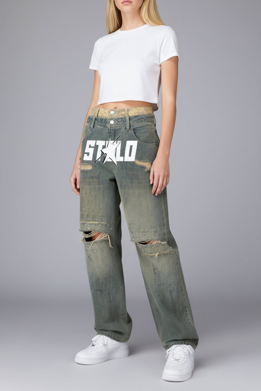 Stolo Clothing Co STARCHILD Double Waistband Faded Distressed Baggy Denim Jeans
