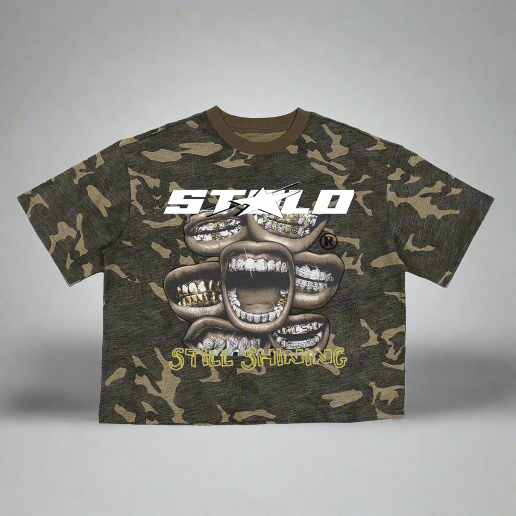 Limited Editon Stolo Clothing Co Still Shining Unisex Camo Cropped Oversized Tee