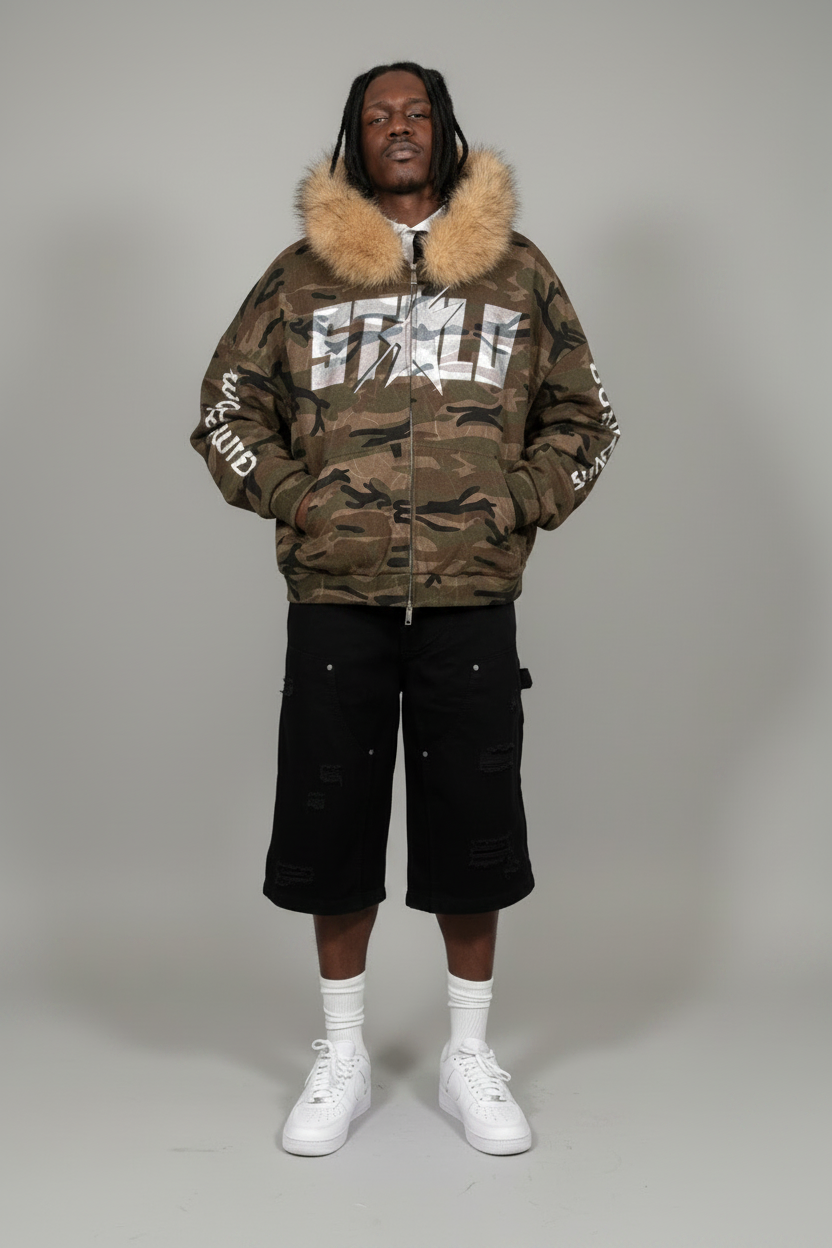 Stolo Clothing Co STARCHILD X WORLD WIDE AMERICA PRINT Unisex Heavyweight Camo Detachable Fur Double Zip-Up Hoodie (400GSM)